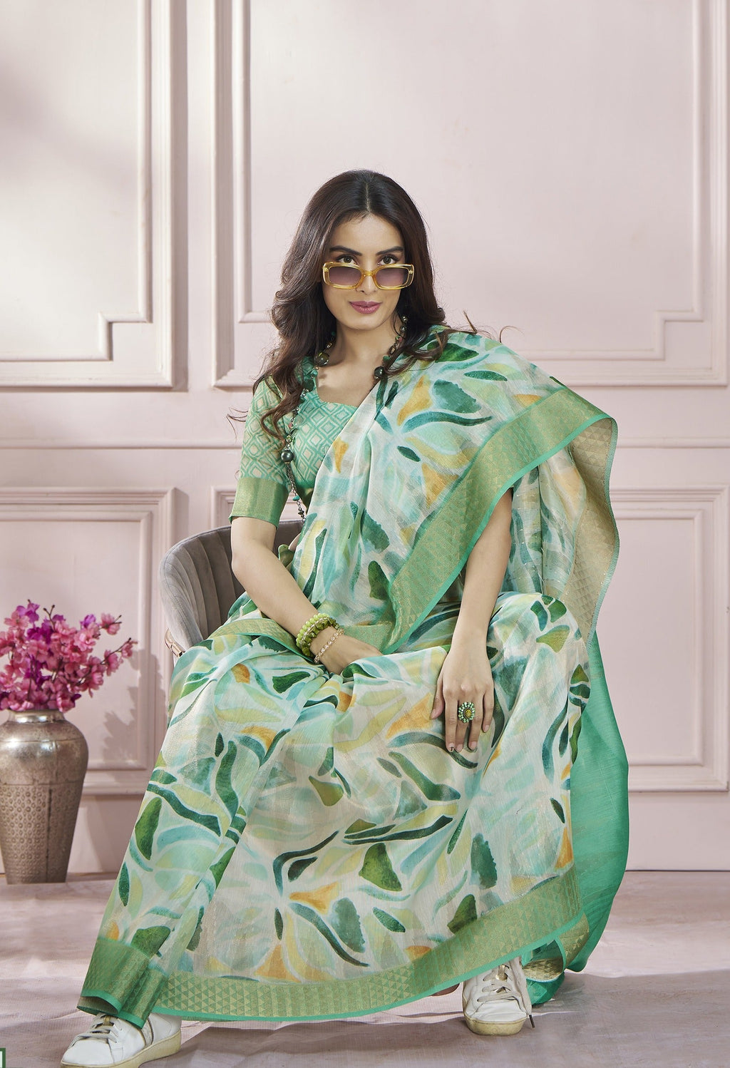 Anaita Light Green Printed Pure Modal Silk Saree With Blouse | Grocsy