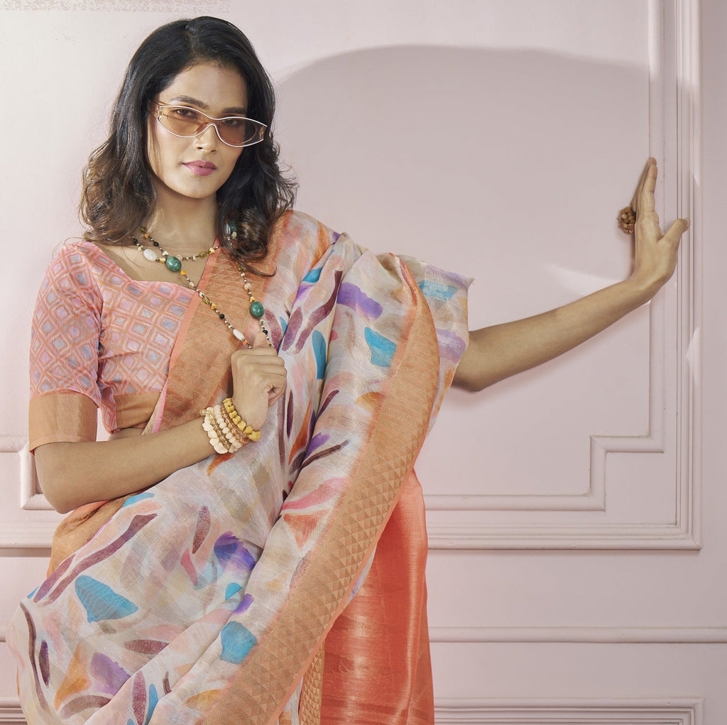 Anaita Peach Printed Pure Modal Silk Saree With Blouse | Grocsy