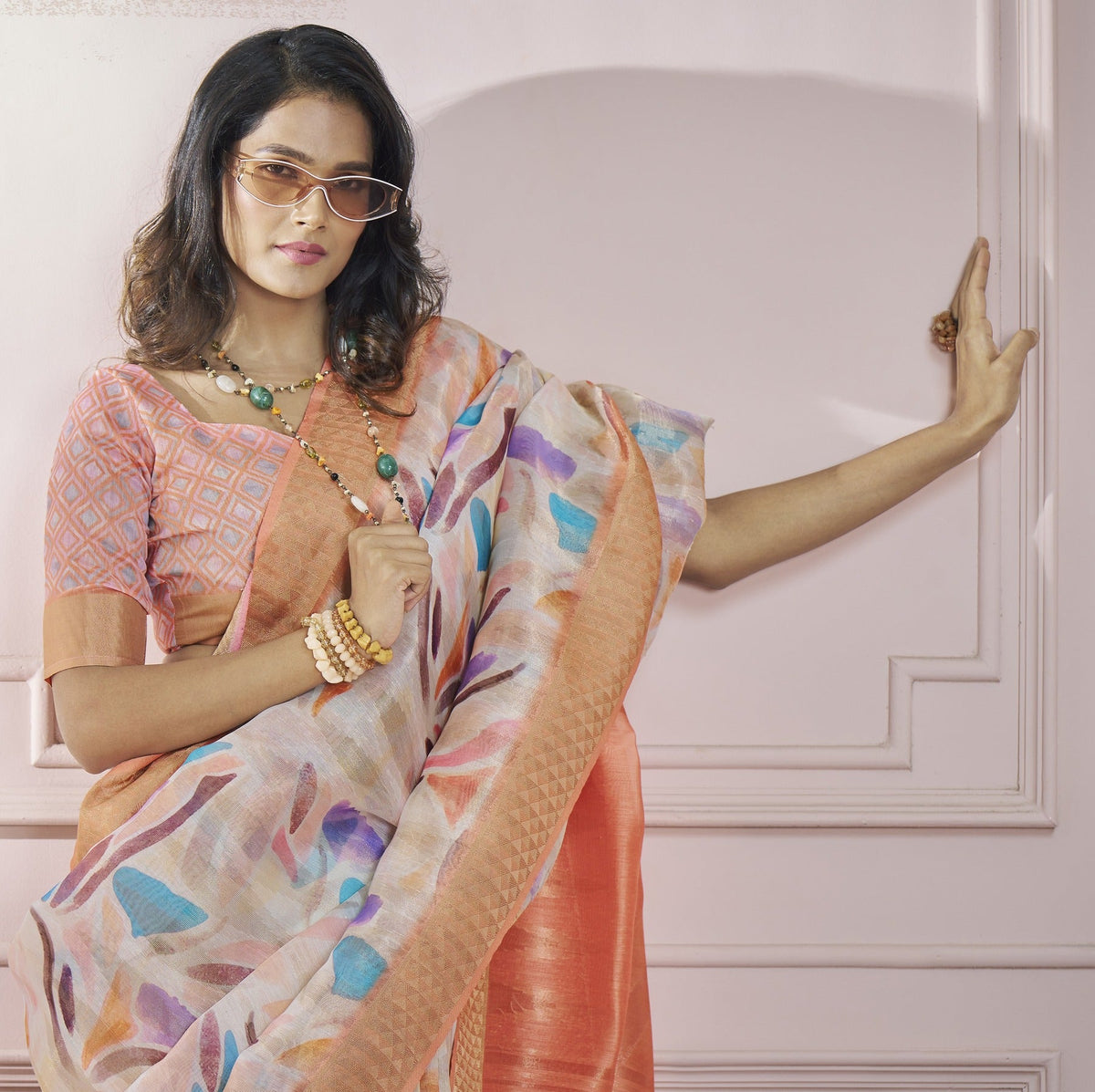 Anaita Peach Printed Pure Modal Silk Saree With Blouse | Grocsy
