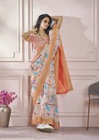 Anaita Peach Printed Pure Modal Silk Saree With Blouse | Grocsy