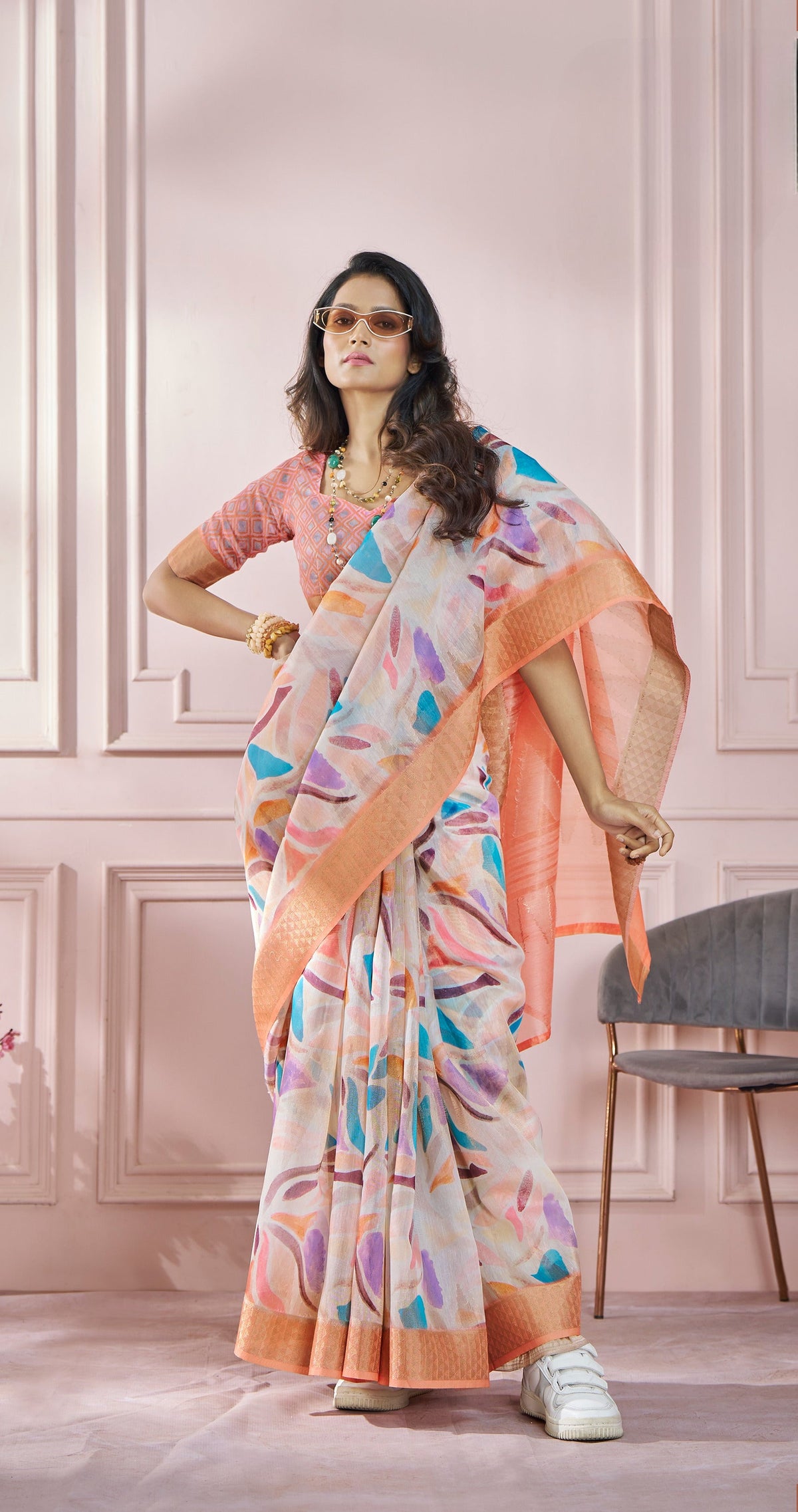 Anaita Peach Printed Pure Modal Silk Saree With Blouse | Grocsy