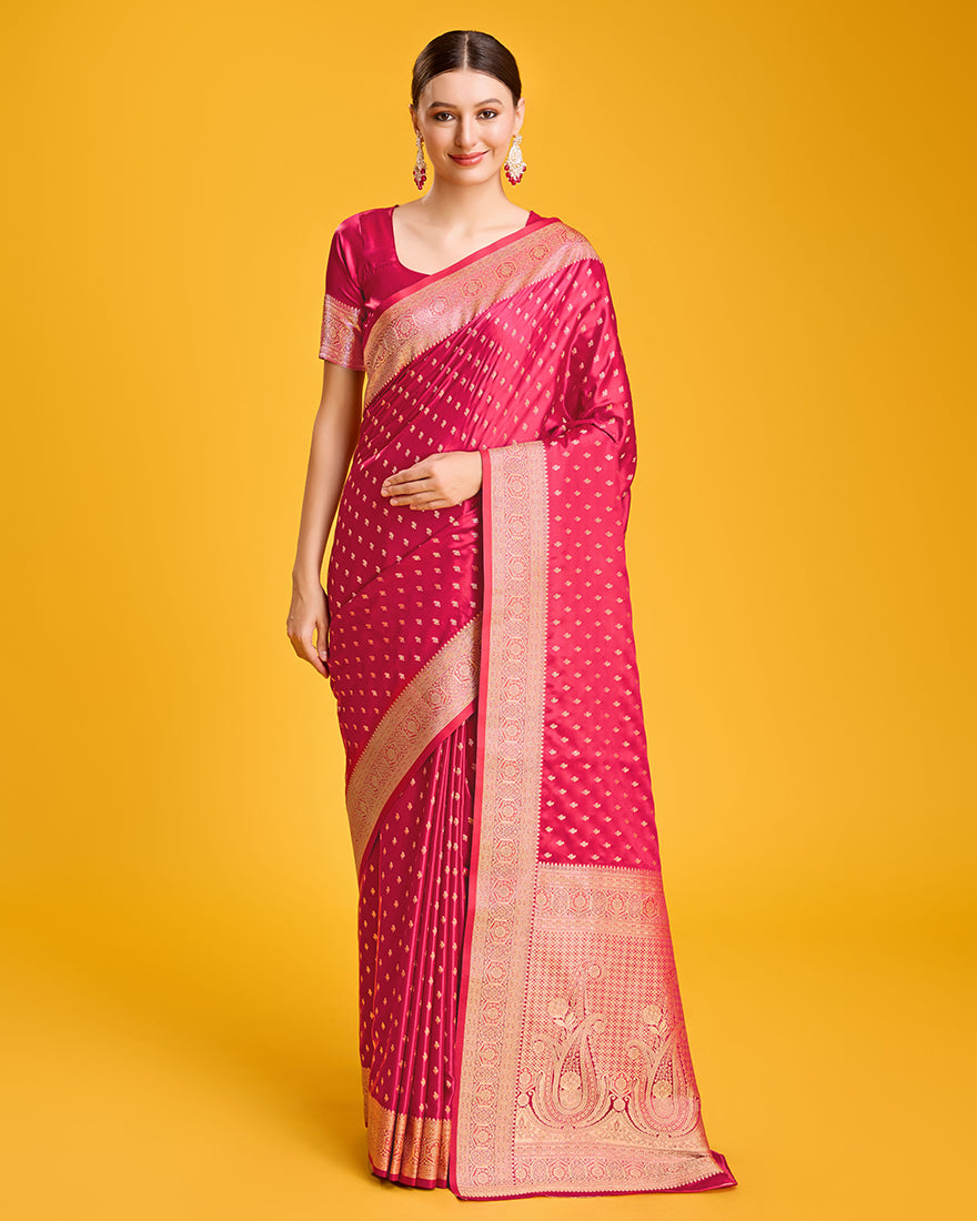 Monjolika Fashion Hot Pink Color Banarasi Satin Rich Brocade Embellishments Zari Woven Work Silk Saree | Grocsy