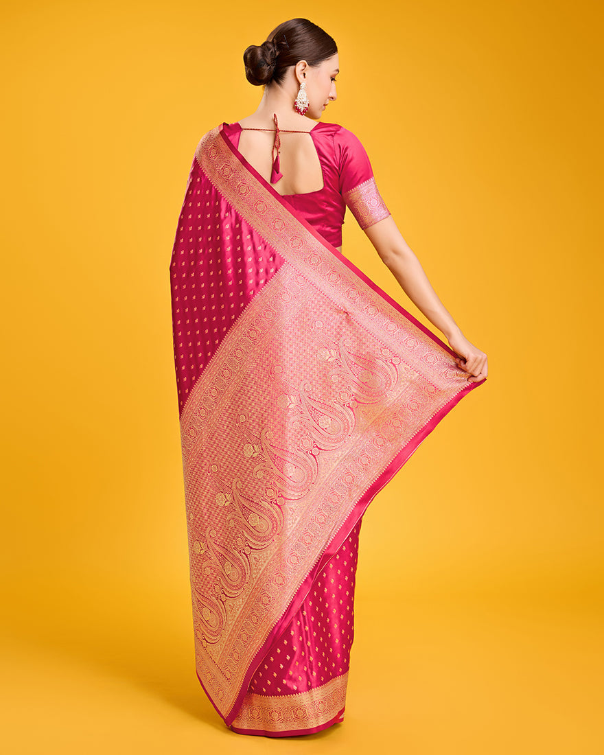 Monjolika Fashion Hot Pink Color Banarasi Satin Rich Brocade Embellishments Zari Woven Work Silk Saree | Grocsy