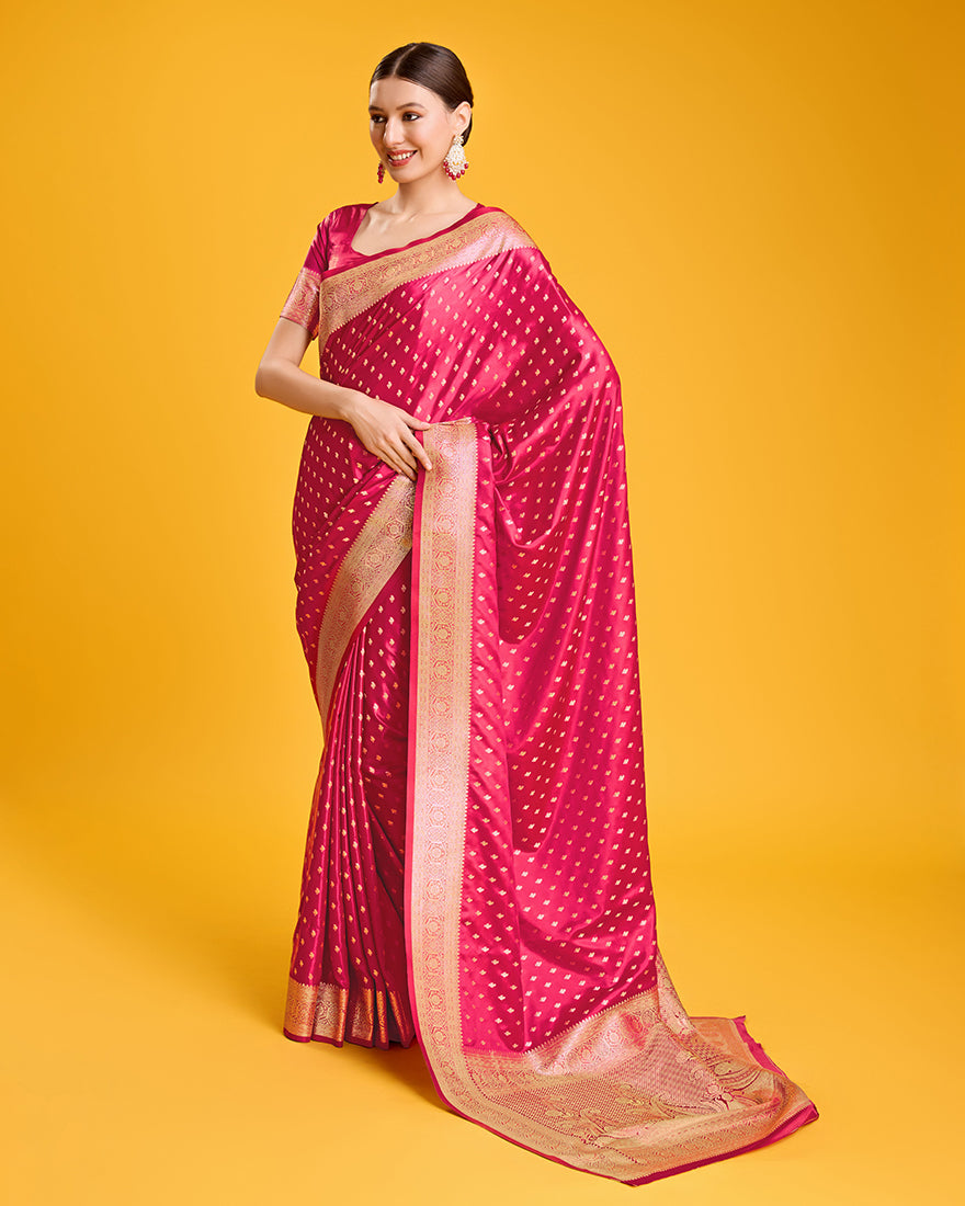 Monjolika Fashion Hot Pink Color Banarasi Satin Rich Brocade Embellishments Zari Woven Work Silk Saree | Grocsy
