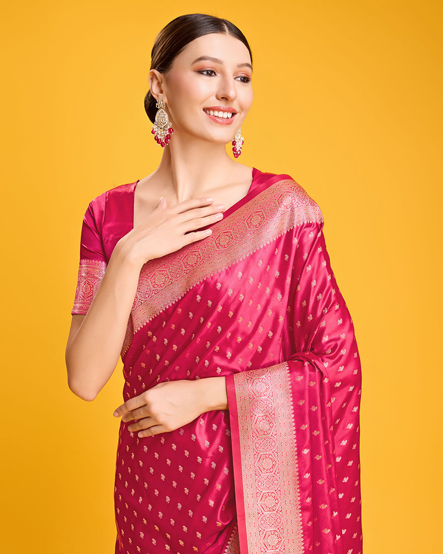 Monjolika Fashion Hot Pink Color Banarasi Satin Rich Brocade Embellishments Zari Woven Work Silk Saree | Grocsy