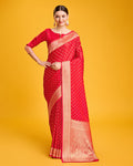Monjolika Fashion Red Color Banarasi Satin Rich Brocade Embellishments Zari Woven Work Silk Saree | Grocsy