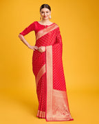 Monjolika Fashion Red Color Banarasi Satin Rich Brocade Embellishments Zari Woven Work Silk Saree | Grocsy