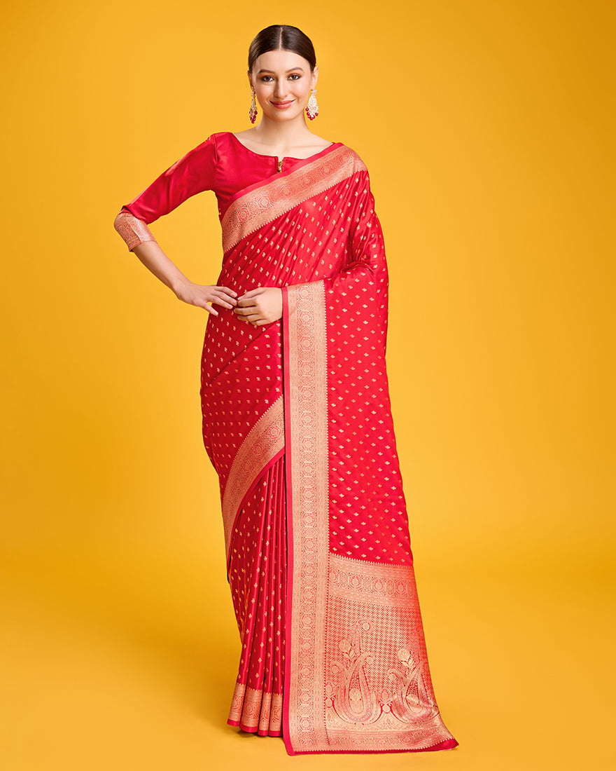 Monjolika Fashion Red Color Banarasi Satin Rich Brocade Embellishments Zari Woven Work Silk Saree | Grocsy