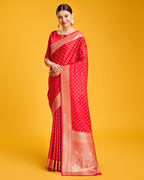 Monjolika Fashion Red Color Banarasi Satin Rich Brocade Embellishments Zari Woven Work Silk Saree | Grocsy