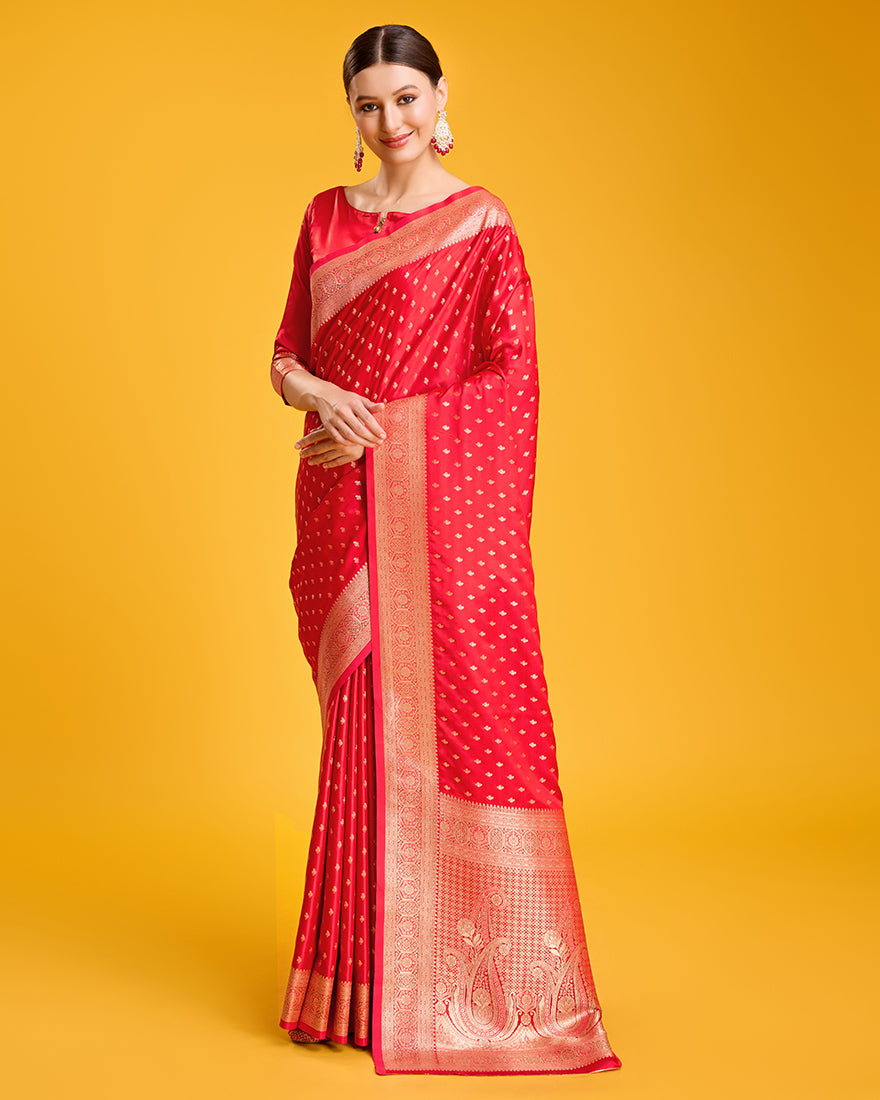 Monjolika Fashion Red Color Banarasi Satin Rich Brocade Embellishments Zari Woven Work Silk Saree | Grocsy