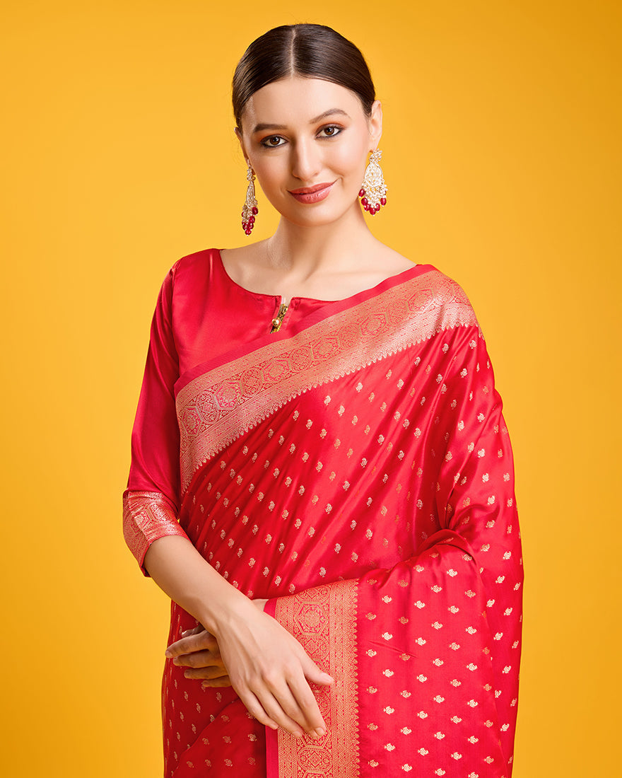 Monjolika Fashion Red Color Banarasi Satin Rich Brocade Embellishments Zari Woven Work Silk Saree | Grocsy