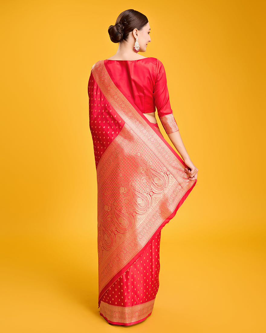 Monjolika Fashion Red Color Banarasi Satin Rich Brocade Embellishments Zari Woven Work Silk Saree | Grocsy