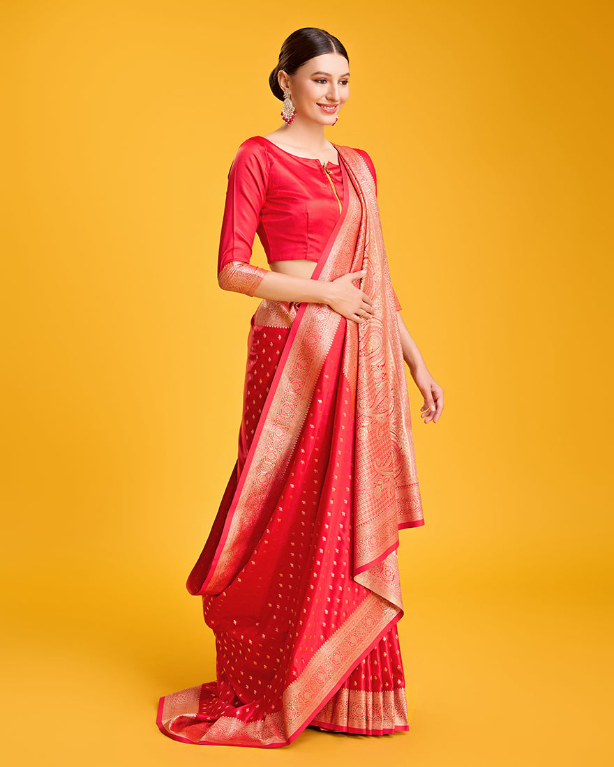 Monjolika Fashion Red Color Banarasi Satin Rich Brocade Embellishments Zari Woven Work Silk Saree | Grocsy