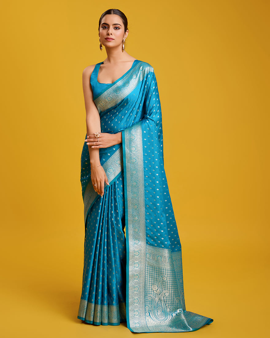 Monjolika Fashion Cyan Color Banarasi Zari Woven Work Enhanced Elegance Silk Saree | Grocsy