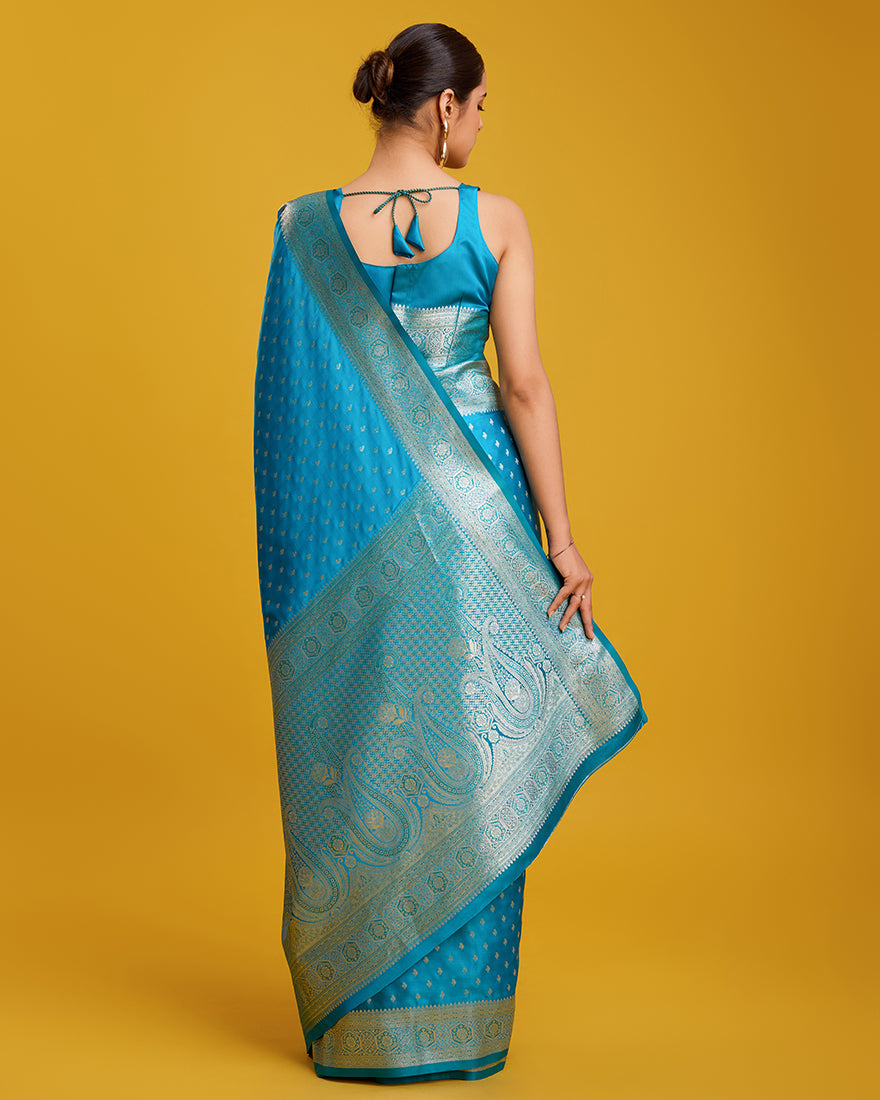 Monjolika Fashion Cyan Color Banarasi Zari Woven Work Enhanced Elegance Silk Saree | Grocsy