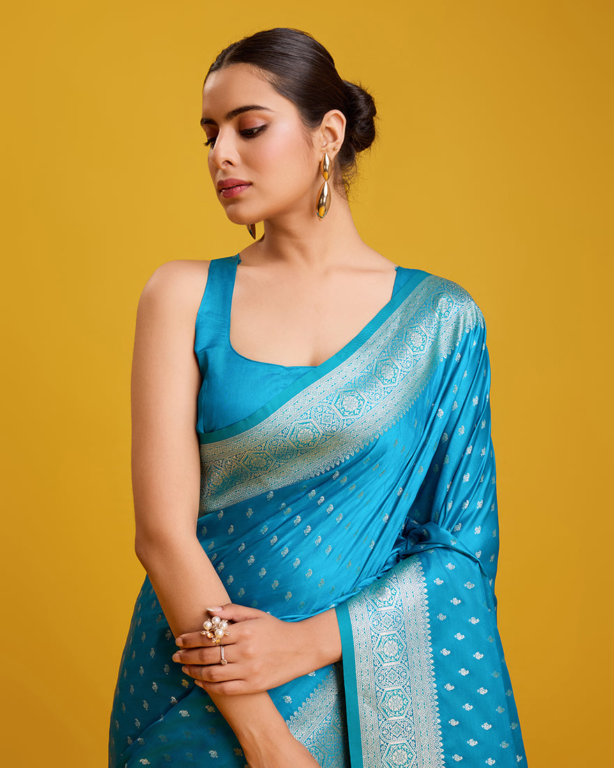 Monjolika Fashion Cyan Color Banarasi Zari Woven Work Enhanced Elegance Silk Saree | Grocsy