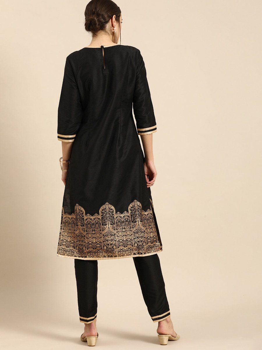 All About You Women Black & Gold Printed Regular Kurta with Trousers | Grocsy