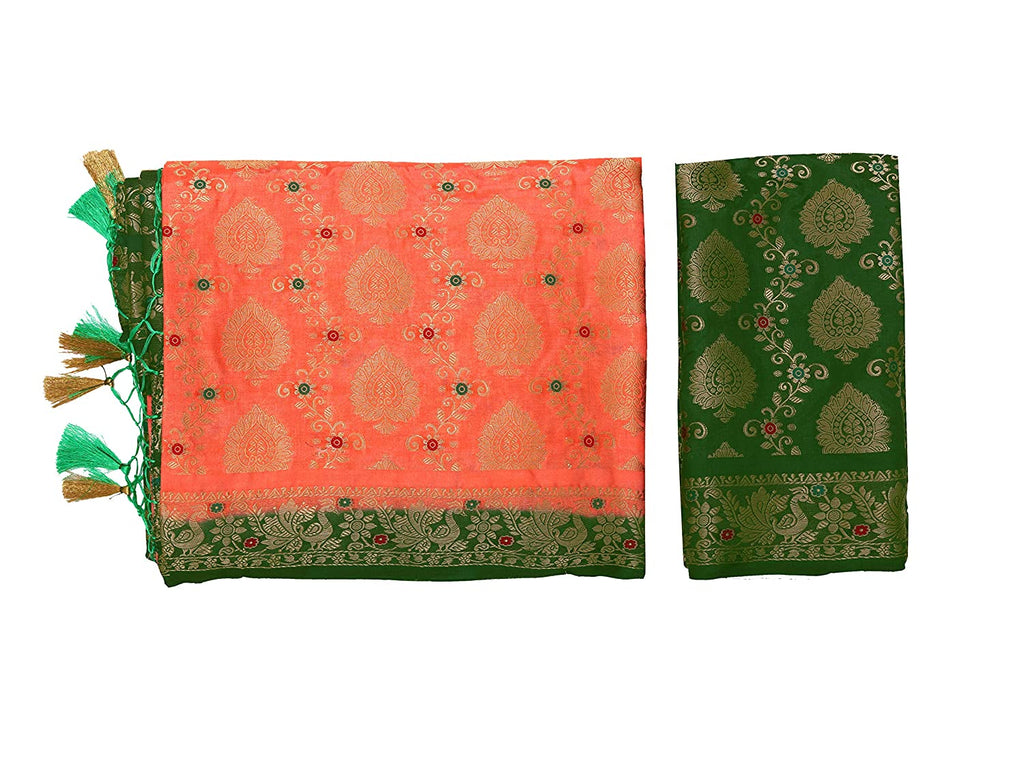 Mimosa Women's Orange Art Silk Kanjivaram Pattu Style Saree With Contrast Blouse | Grocsy
