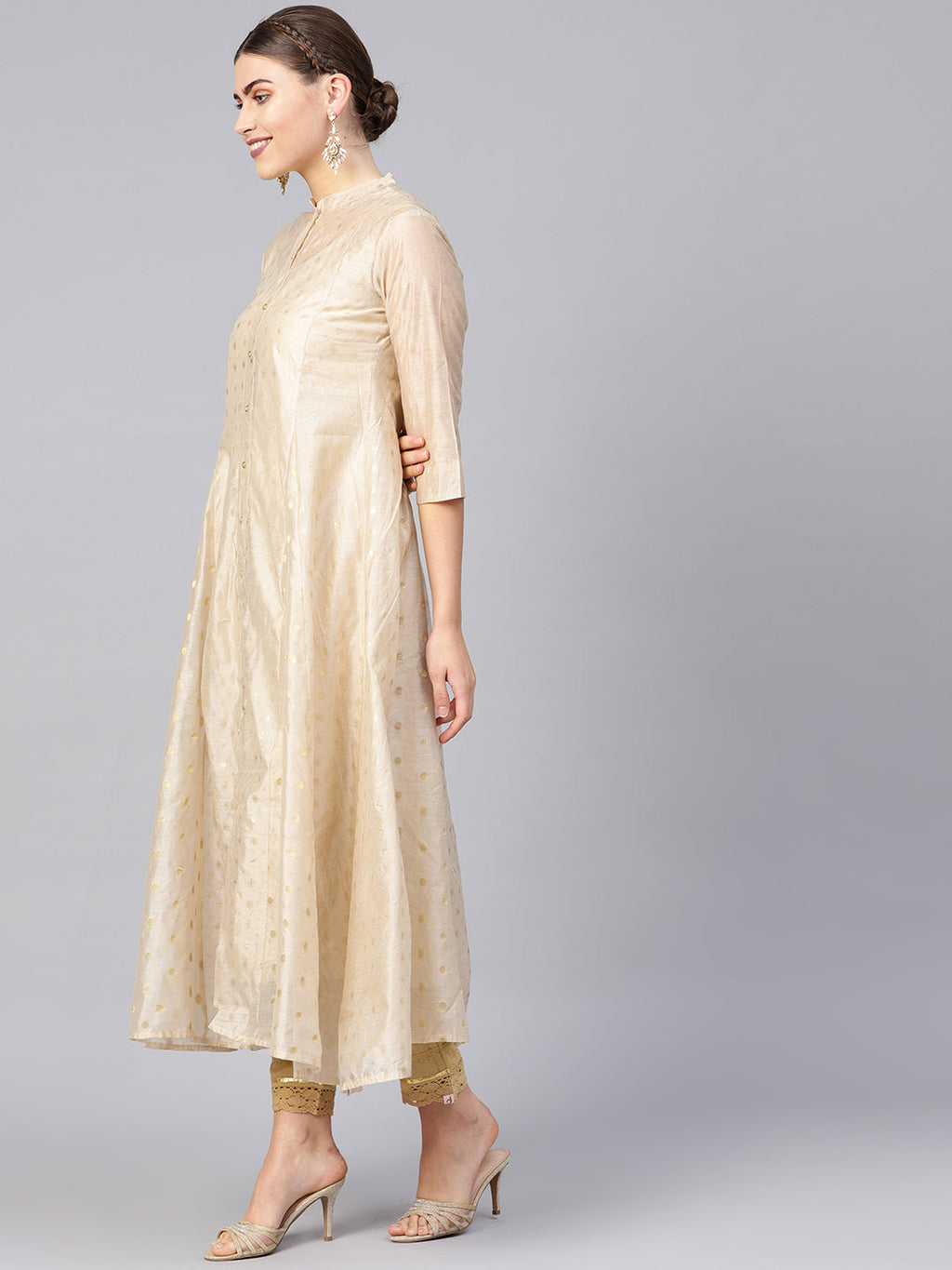 Juniper Womens Beige Chanderi Foil Print Kurta | Grocsy