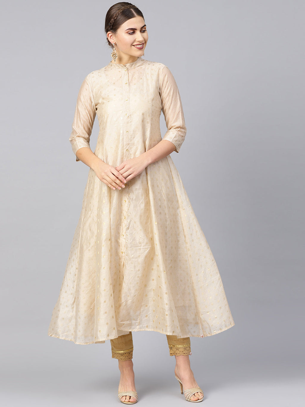 Juniper Womens Beige Chanderi Foil Print Kurta | Grocsy
