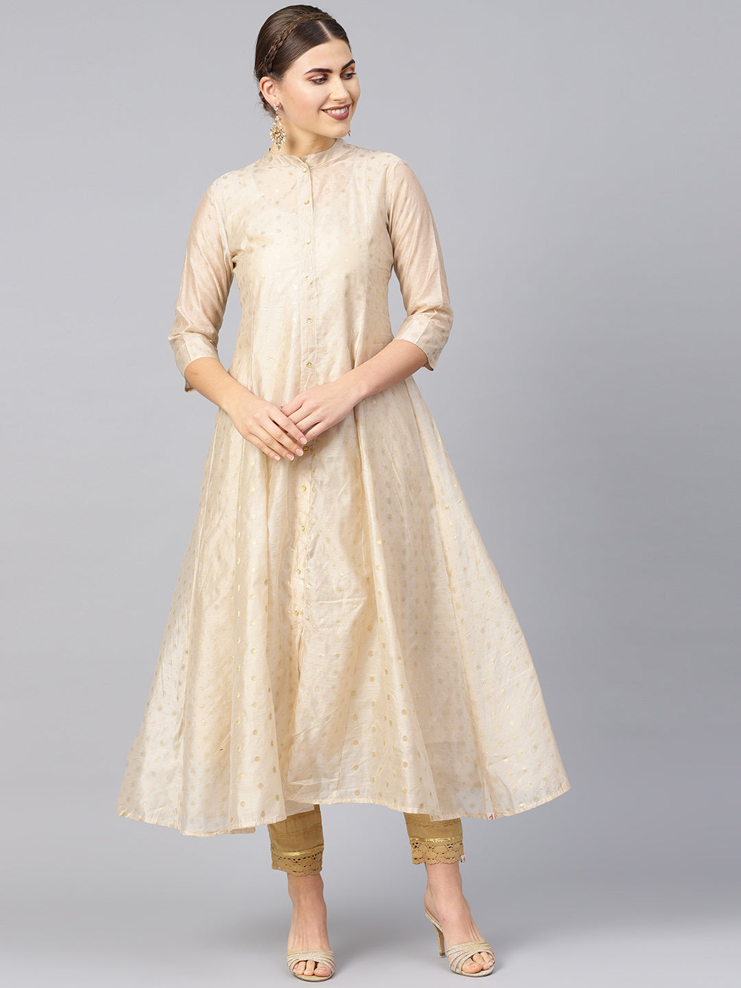 Juniper Womens Beige Chanderi Foil Print Kurta | Grocsy
