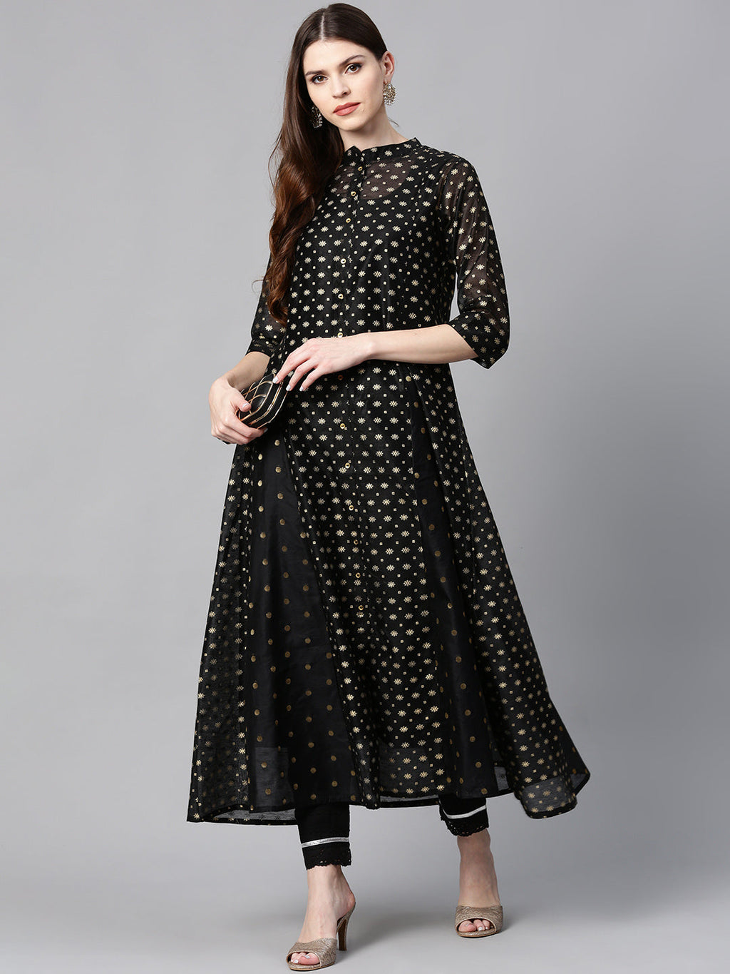 Juniper Womens Black Chanderi Foil Print Kurta | Grocsy