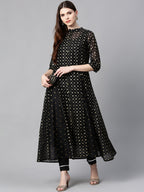 Juniper Womens Black Chanderi Foil Print Kurta | Grocsy
