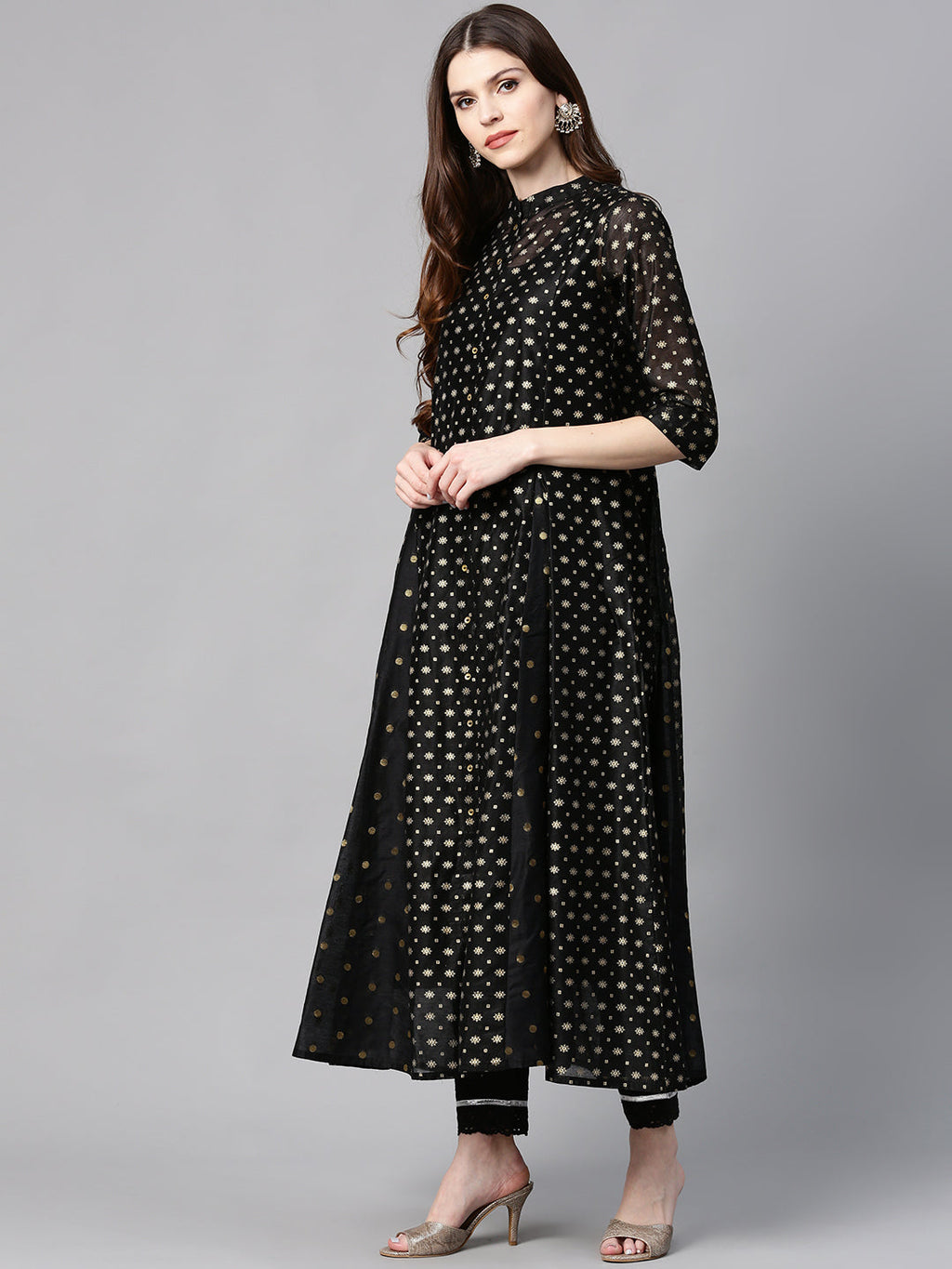 Juniper Womens Black Chanderi Foil Print Kurta | Grocsy
