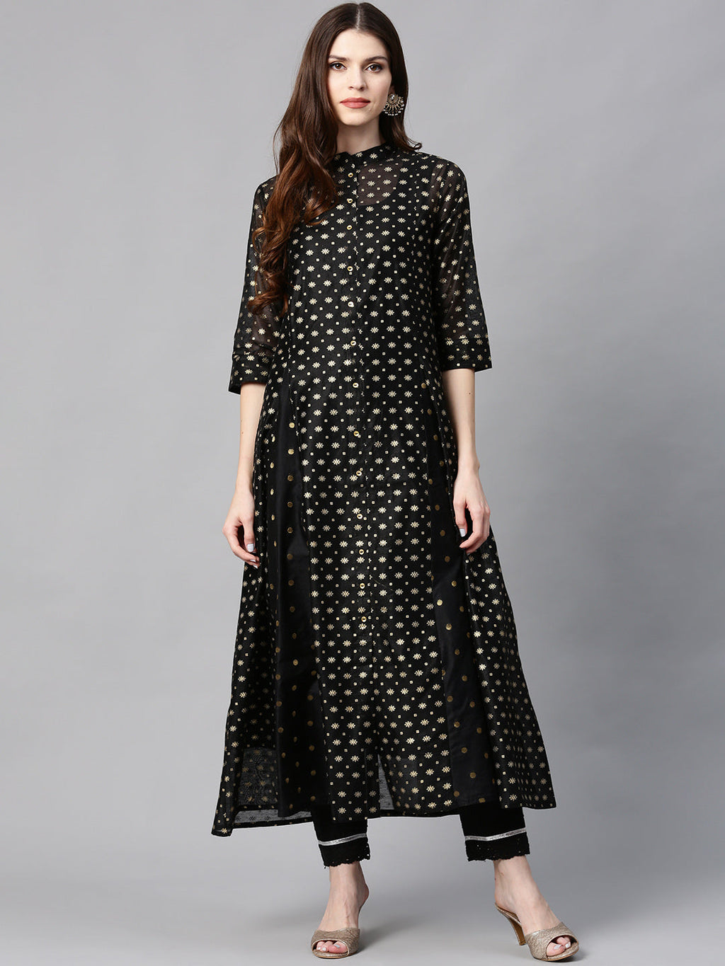 Juniper Womens Black Chanderi Foil Print Kurta | Grocsy