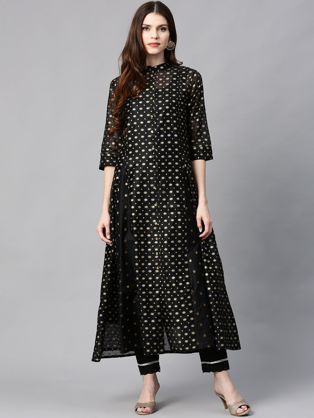 Juniper Womens Black Chanderi Foil Print Kurta | Grocsy