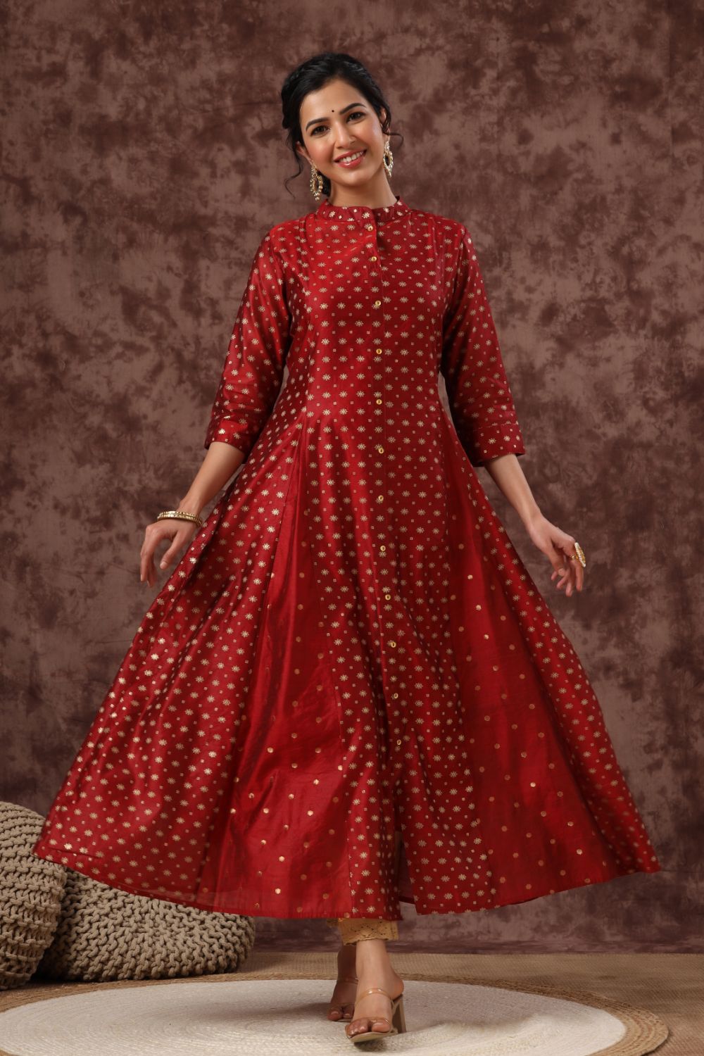 Juniper Womens Maroon Chanderi Foil Print Kurta | Grocsy