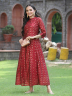 Juniper Women's Maroon Chanderi Silk Printed Anarkali Kurta | Grocsy