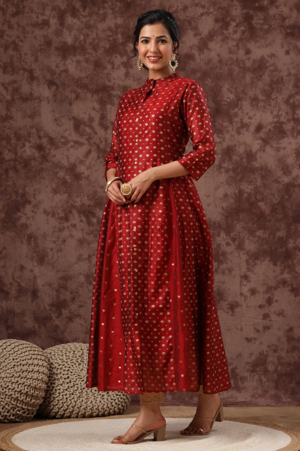 Juniper Womens Maroon Chanderi Foil Print Kurta | Grocsy