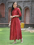 Juniper Women's Maroon Chanderi Silk Printed Anarkali Kurta | Grocsy