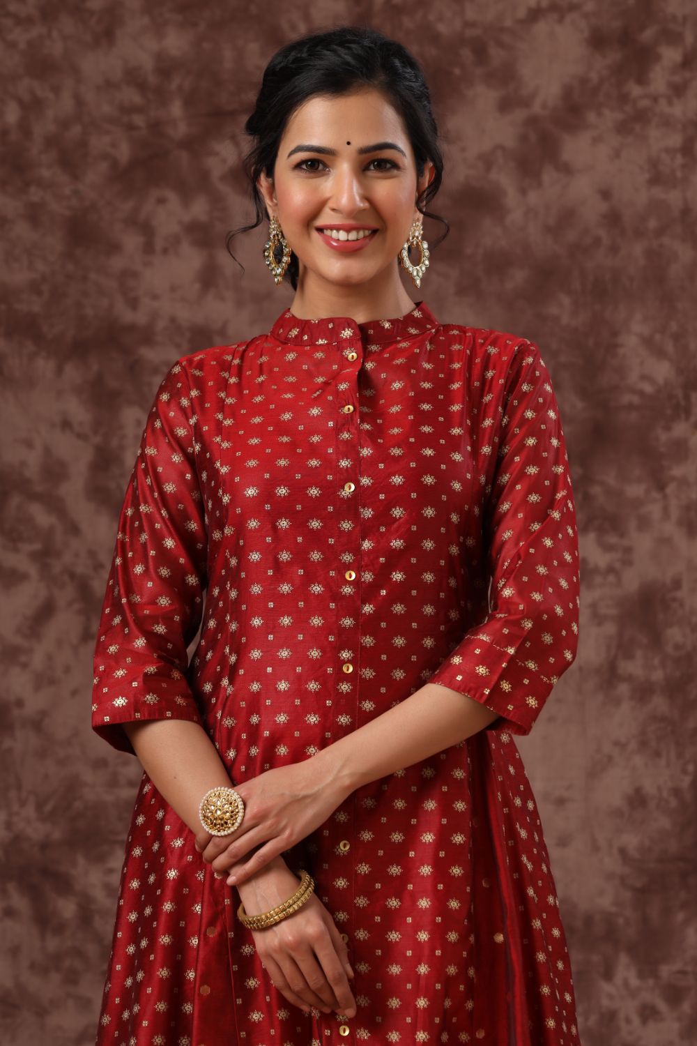 Juniper Womens Maroon Chanderi Foil Print Kurta | Grocsy