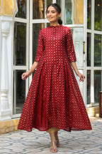 Juniper Women's Maroon Chanderi Silk Printed Anarkali Kurta | Grocsy