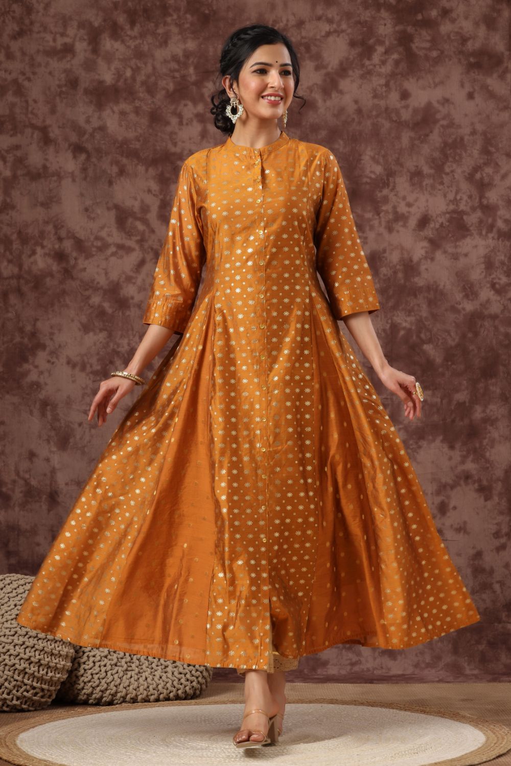 Juniper Womens Mustard Chanderi Foil Print Kurta | Grocsy