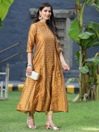 Juniper Women's Mustard Chanderi Silk Printed Anarkali Kurta | Grocsy