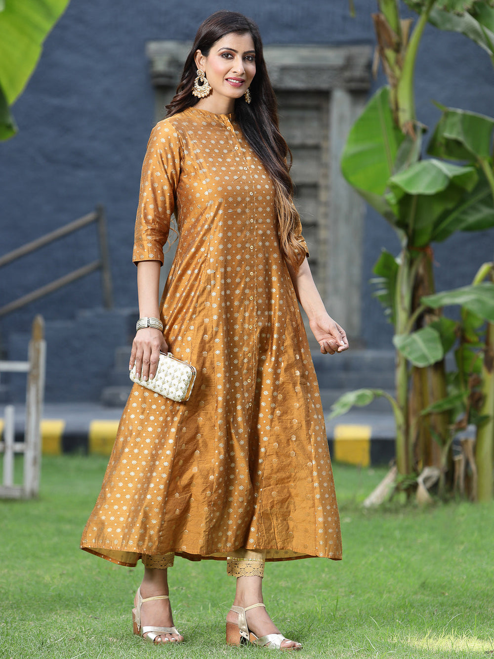 Juniper Women's Mustard Chanderi Silk Printed Anarkali Kurta | Grocsy
