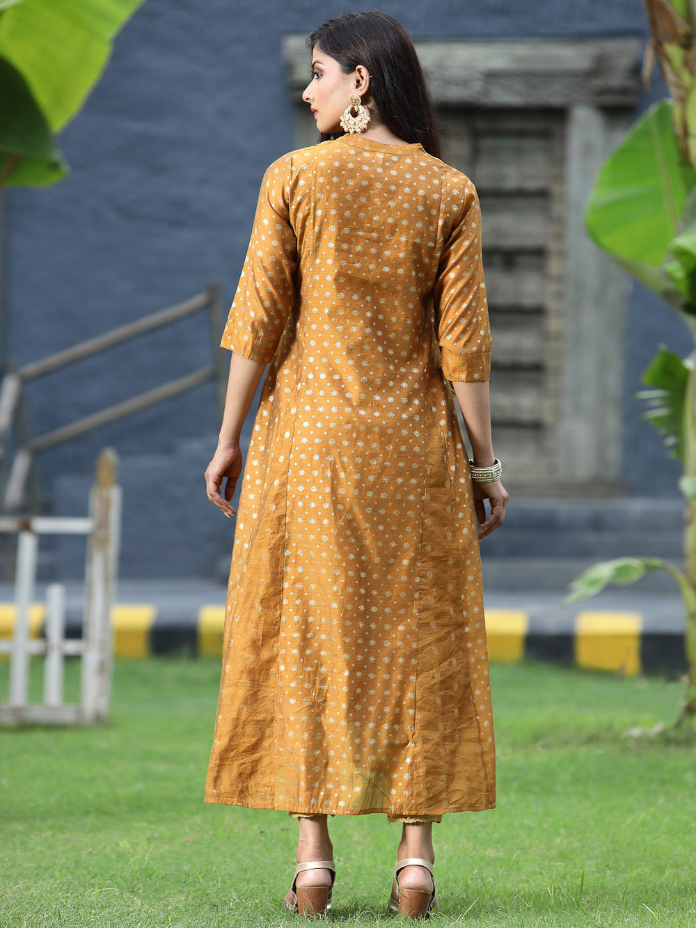 Juniper Women's Mustard Chanderi Silk Printed Anarkali Kurta | Grocsy