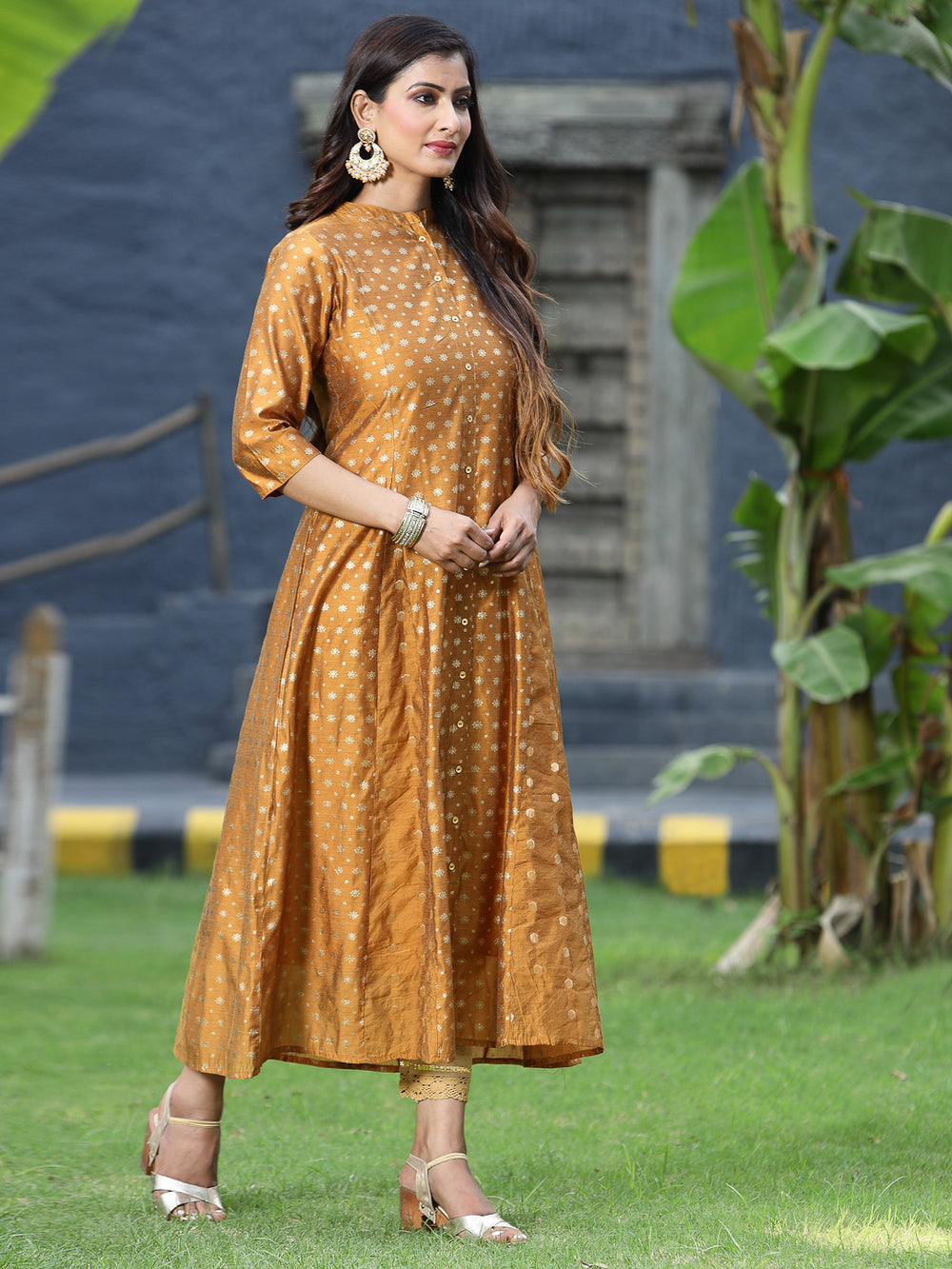 Juniper Women's Mustard Chanderi Silk Printed Anarkali Kurta | Grocsy