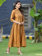 Juniper Women's Mustard Chanderi Silk Printed Anarkali Kurta | Grocsy