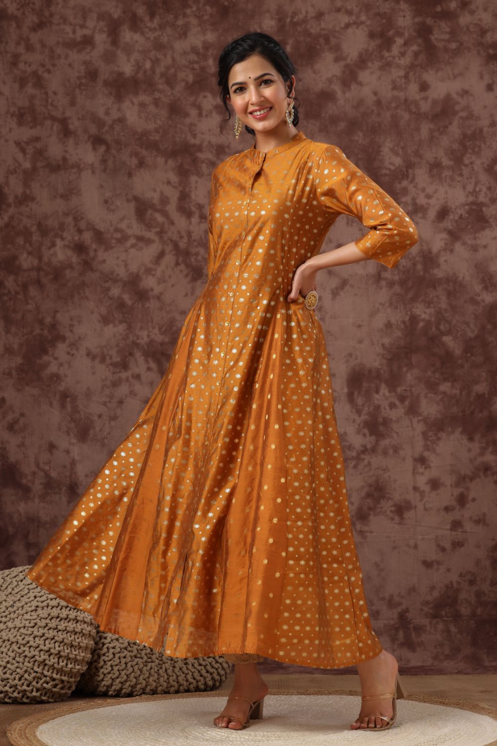 Juniper Womens Mustard Chanderi Foil Print Kurta | Grocsy