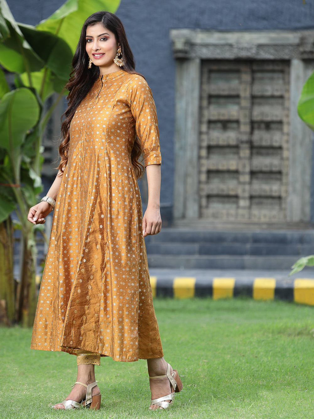 Juniper Women's Mustard Chanderi Silk Printed Anarkali Kurta | Grocsy
