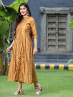 Juniper Women's Mustard Chanderi Silk Printed Anarkali Kurta | Grocsy