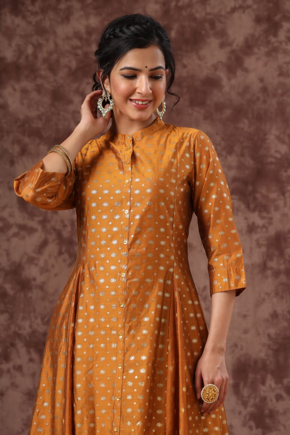 Juniper Womens Mustard Chanderi Foil Print Kurta | Grocsy