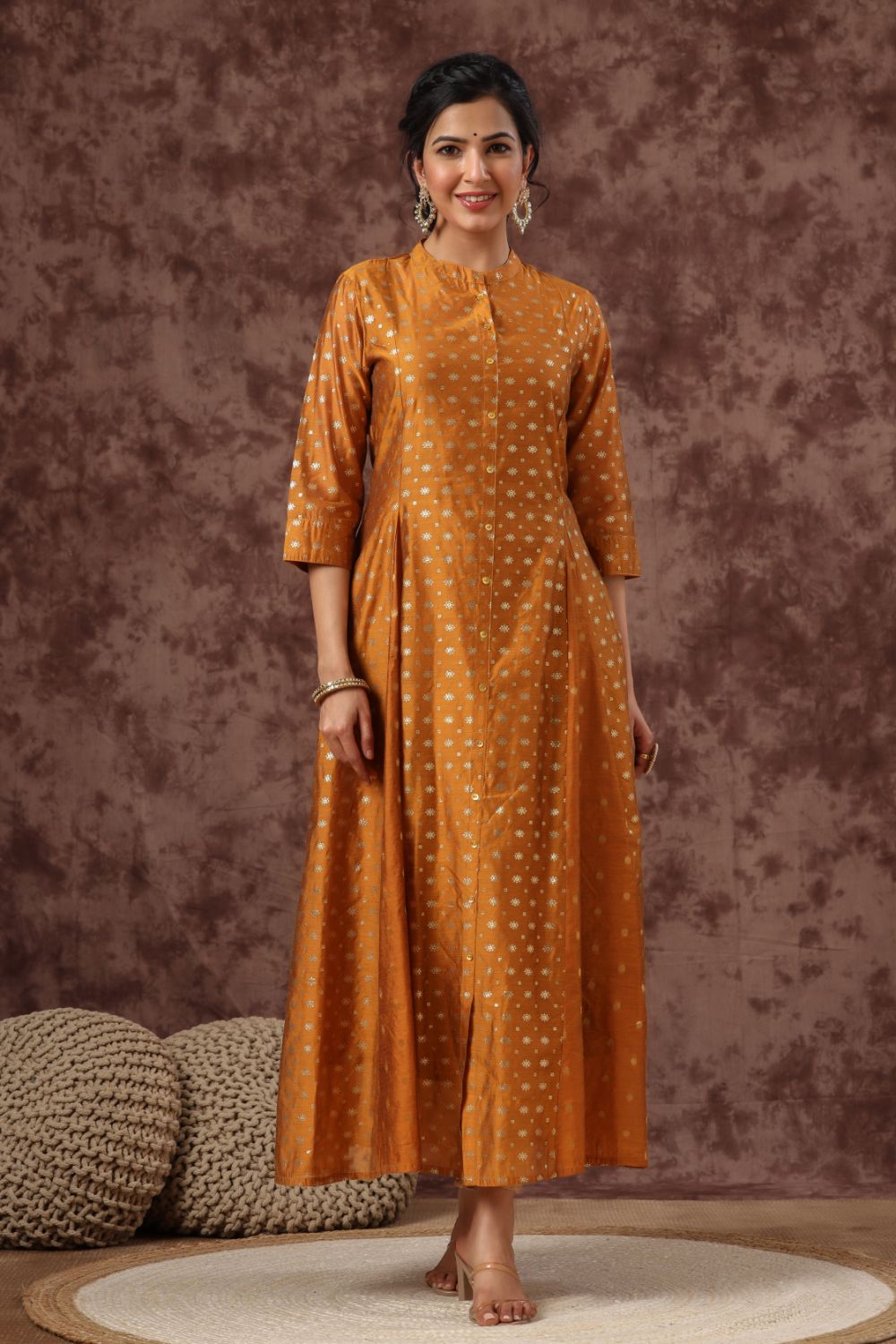 Juniper Womens Mustard Chanderi Foil Print Kurta | Grocsy
