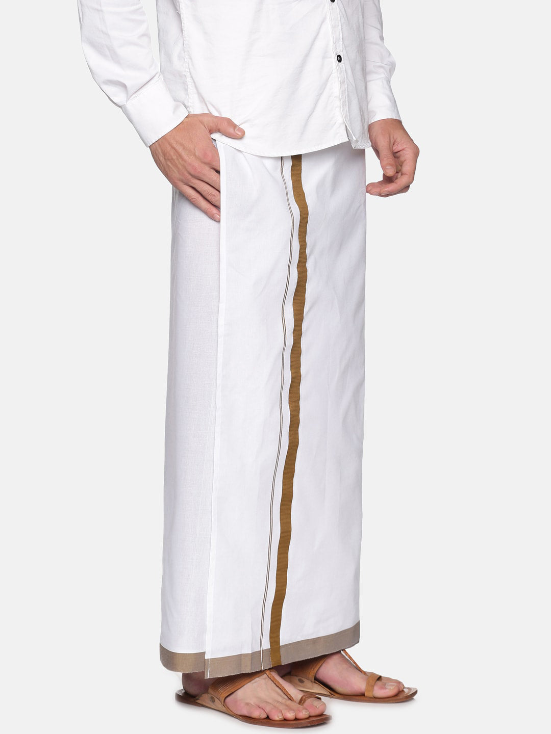 Sethukrishna Men White & Brown Solid Cotton Dhoti | Grocsy
