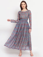 Myshka Women's Multi Printed Organza Full Sleeve Round Neck Casual Maxi Dress | Grocsy