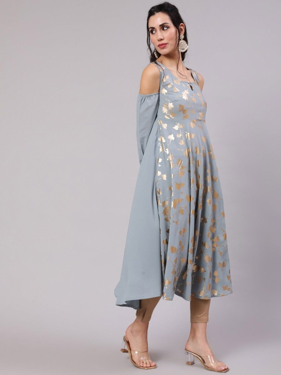 Aks Floral Printed Cold Shoulder Sleeves Pure Georgette Anarkali Kurta | Grocsy